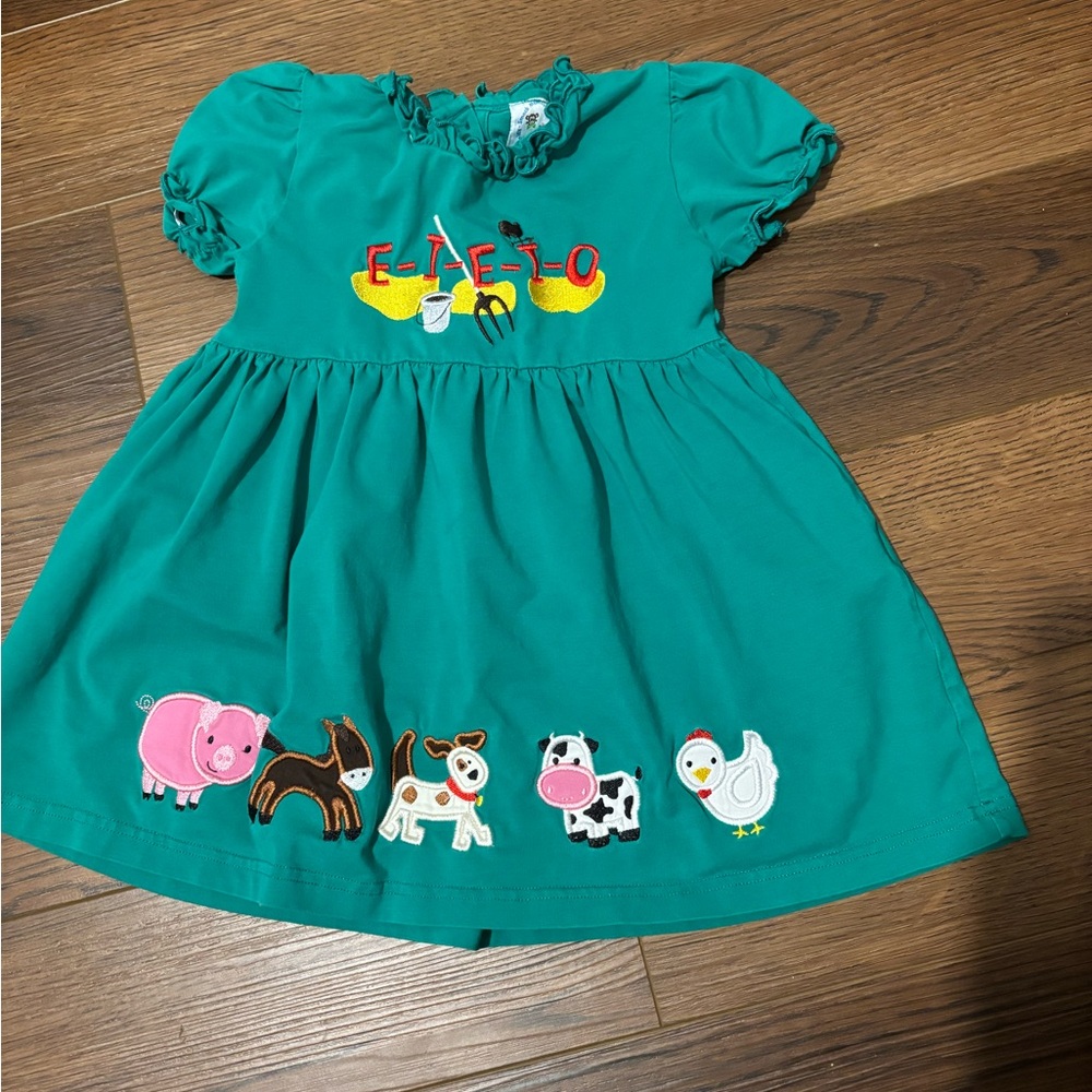 Green Kids Dress with Animal Embroidery smock monkey